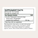 Supplement facts label showing curcumin phytosome 500 mg per two capsules with ingredient details