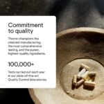 Thorne supplement capsules with commitment to quality message highlighting testing and high-quality ingredients